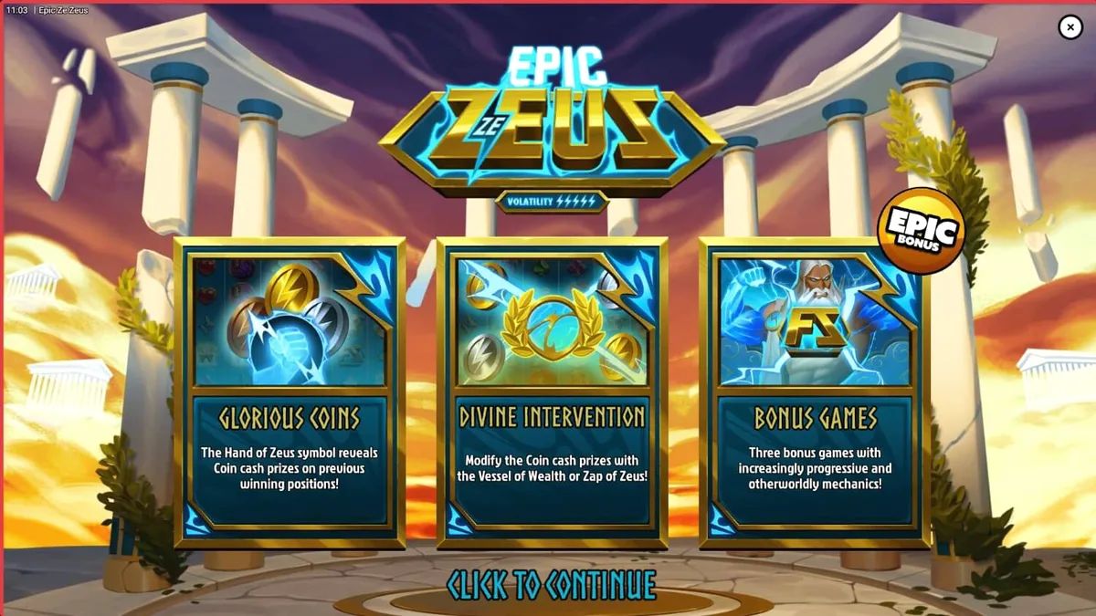 Tampilan visual slot Epic Ze Zeus dengan latar belakang kuil Yunani dan efek petir yang dramatis